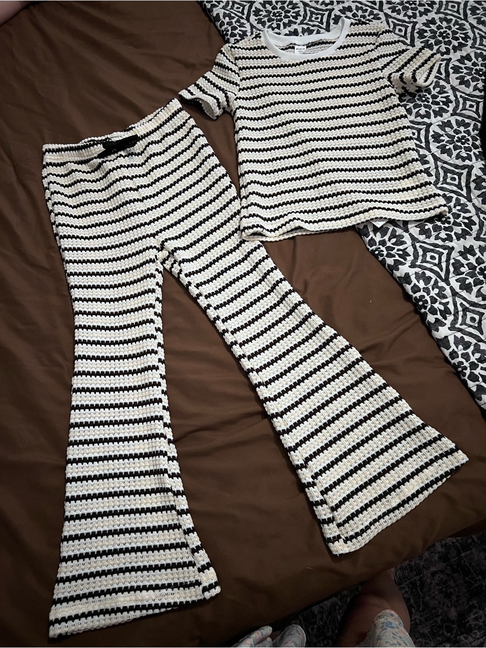 Girls Striped Knit Flare Pants - Black & Cream